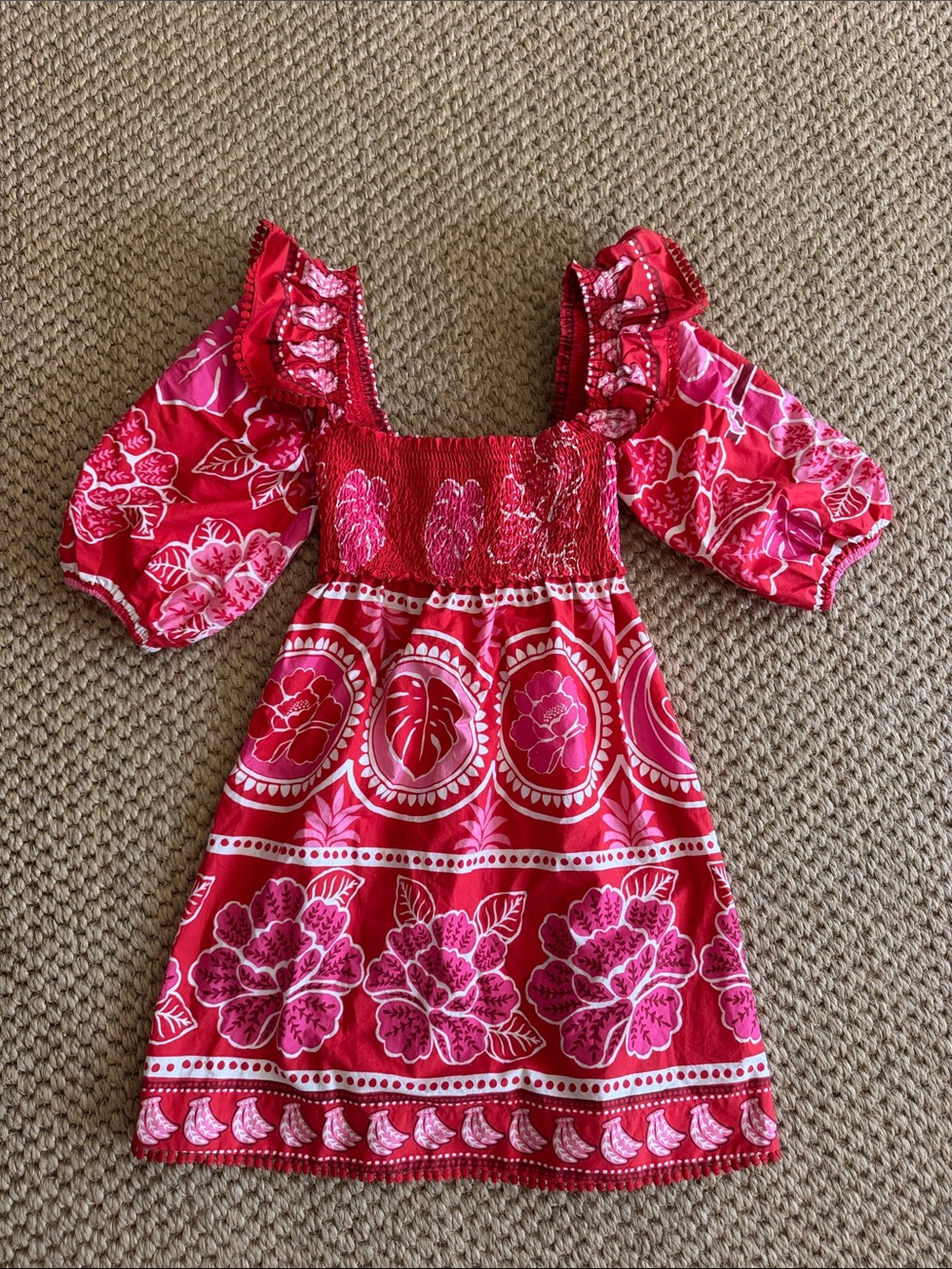FARM Rio Pink Floral Puff Sleeve Smocked Mini Dress | Size S